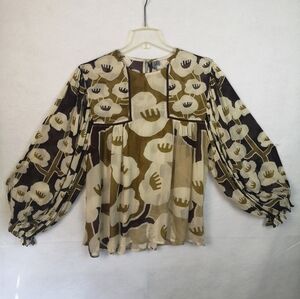 Anthropologie Bl-nk London Miranda Peasant Blouse Size XL Neutral Motif Brown